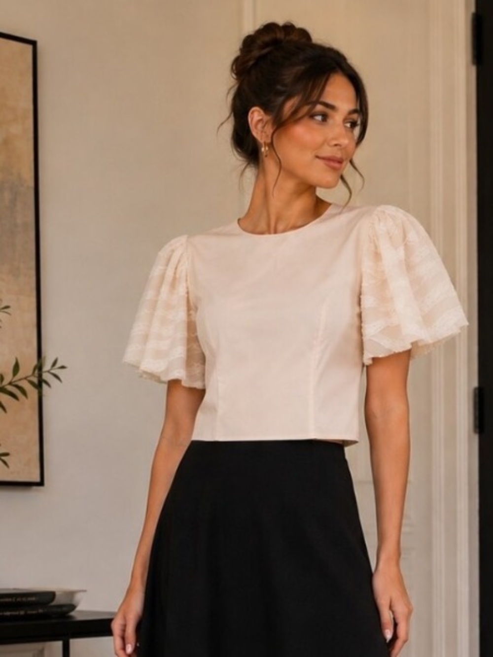 fab'rik Ivory Puff-Sleeve Crop Top